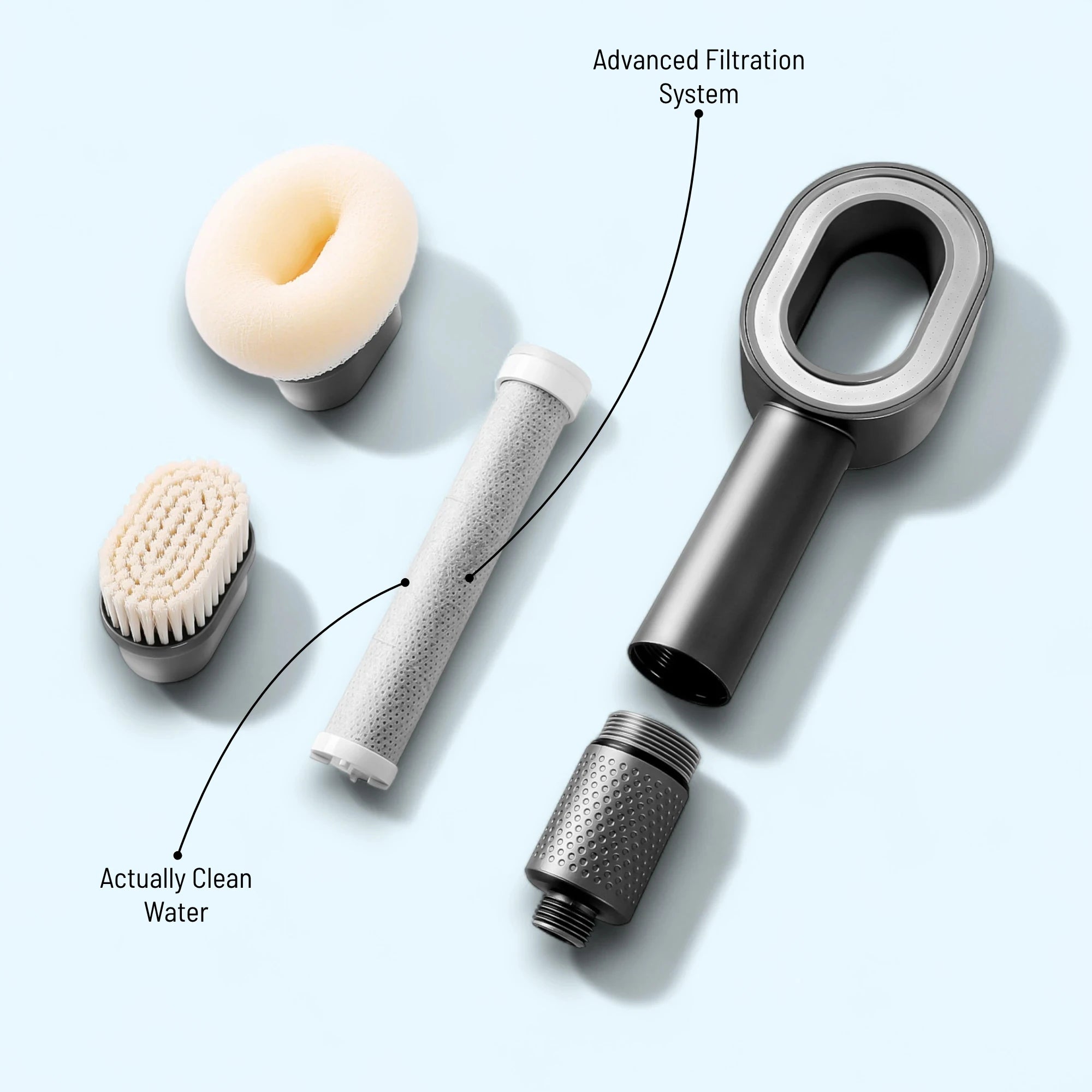 URBAN FALLS Filtered Shower Head with a filter and two magnetic accessories lying besides it (magnetic bath sponge and magnetic shower brush).