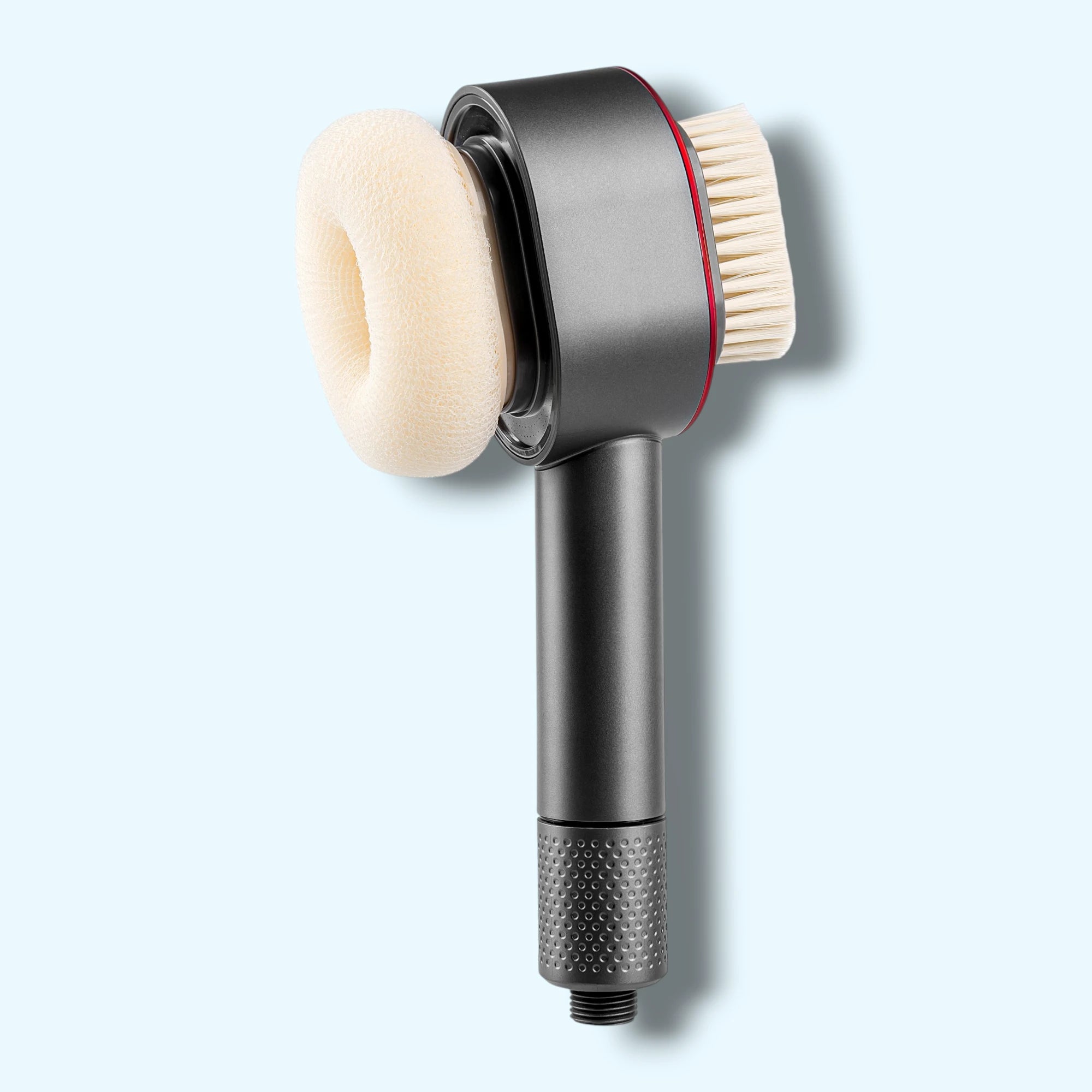 URBAN FALLS Handheld Shower Head with two magnetic accessories (sponge and brush) attached to it on a light blue background