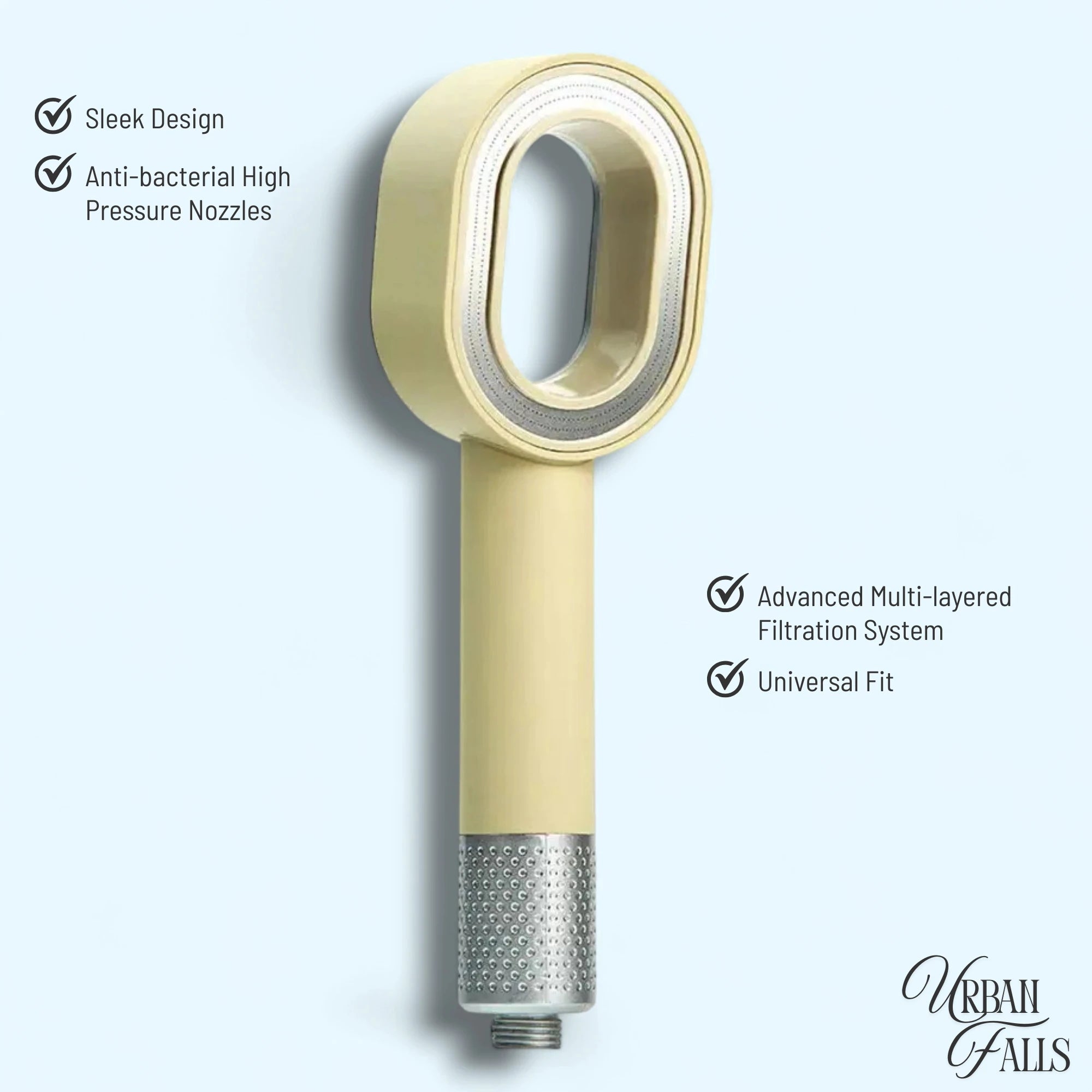 Beige URBAN FALLS Shower head with features listed on a light blue background