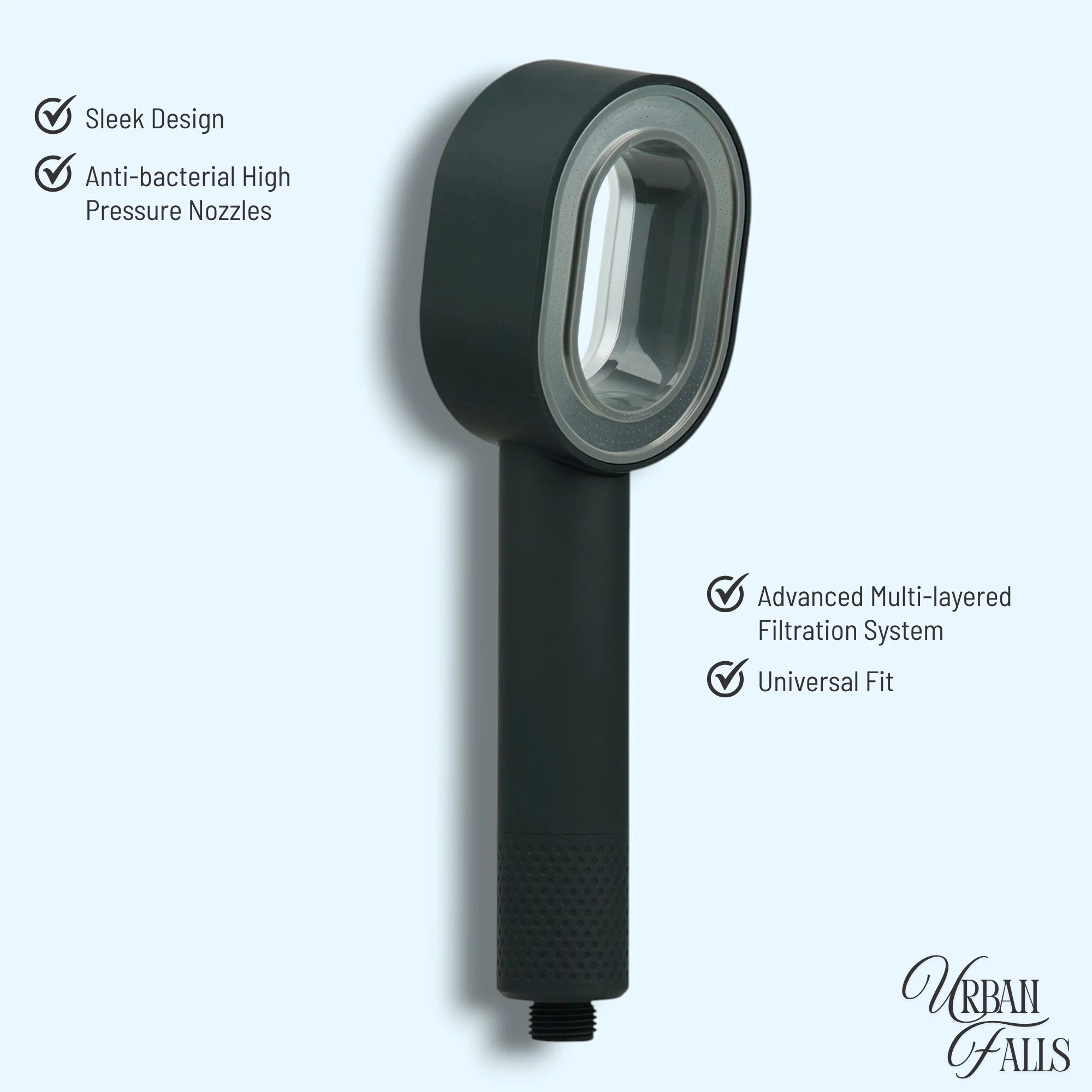 Black URBAN FALLS Shower head with features listed on a light blue background