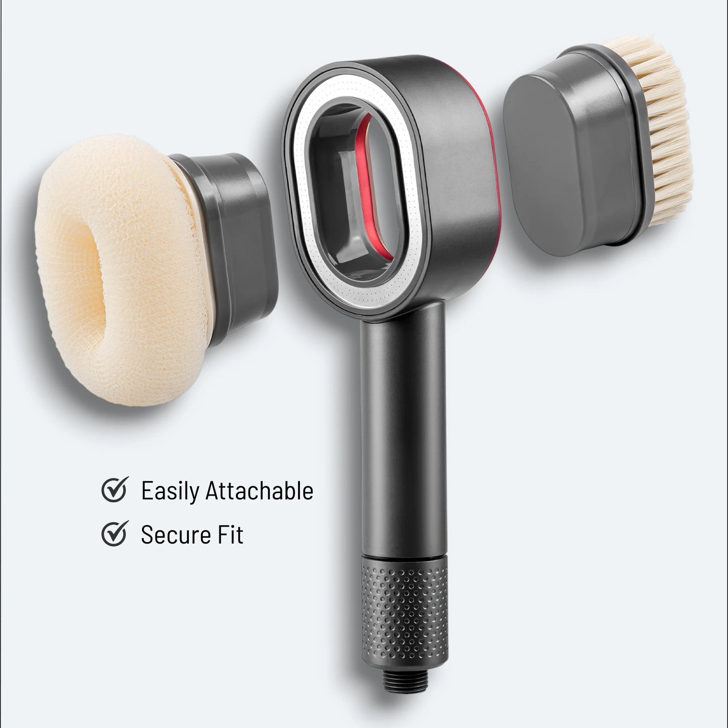 A shower head and floating magnetic snap-on exfoliating sponge and soft brush on a light gray background #Color=Gray
