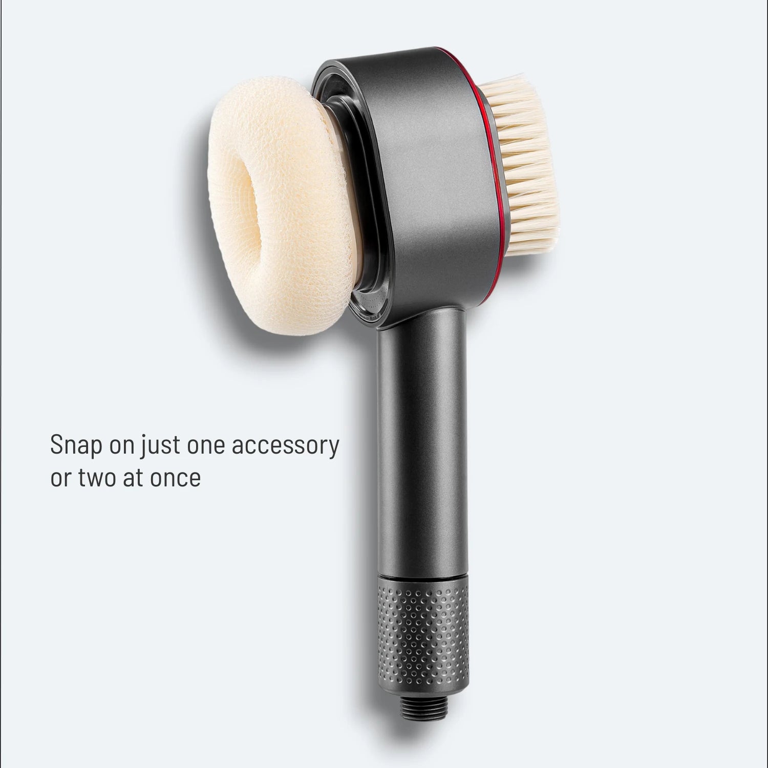 A shower head with attached magnetic snap-on exfoliating sponge and soft brush on a light gray background #Color=Gray