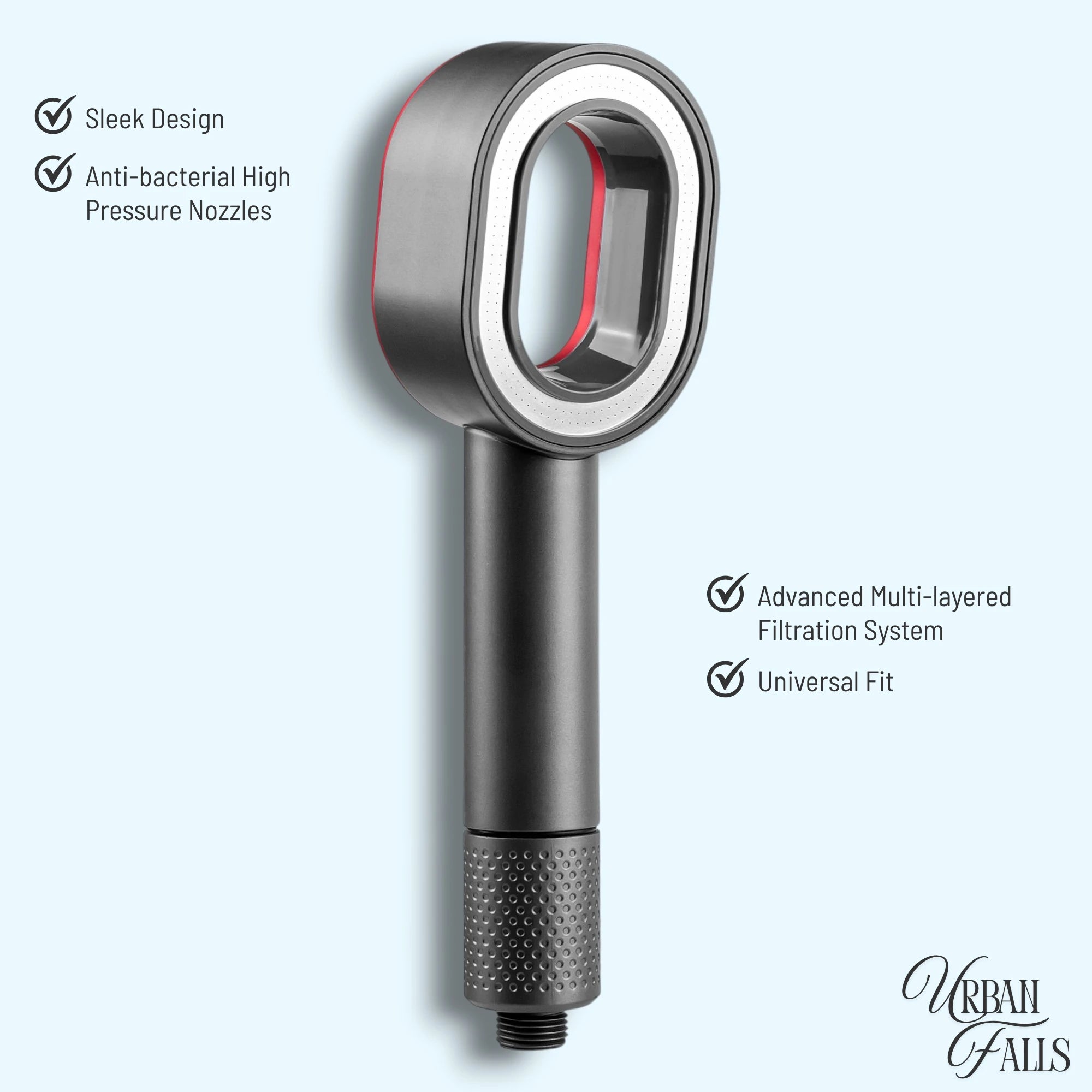 Gray URBAN FALLS Shower head with features listed on a light blue background
