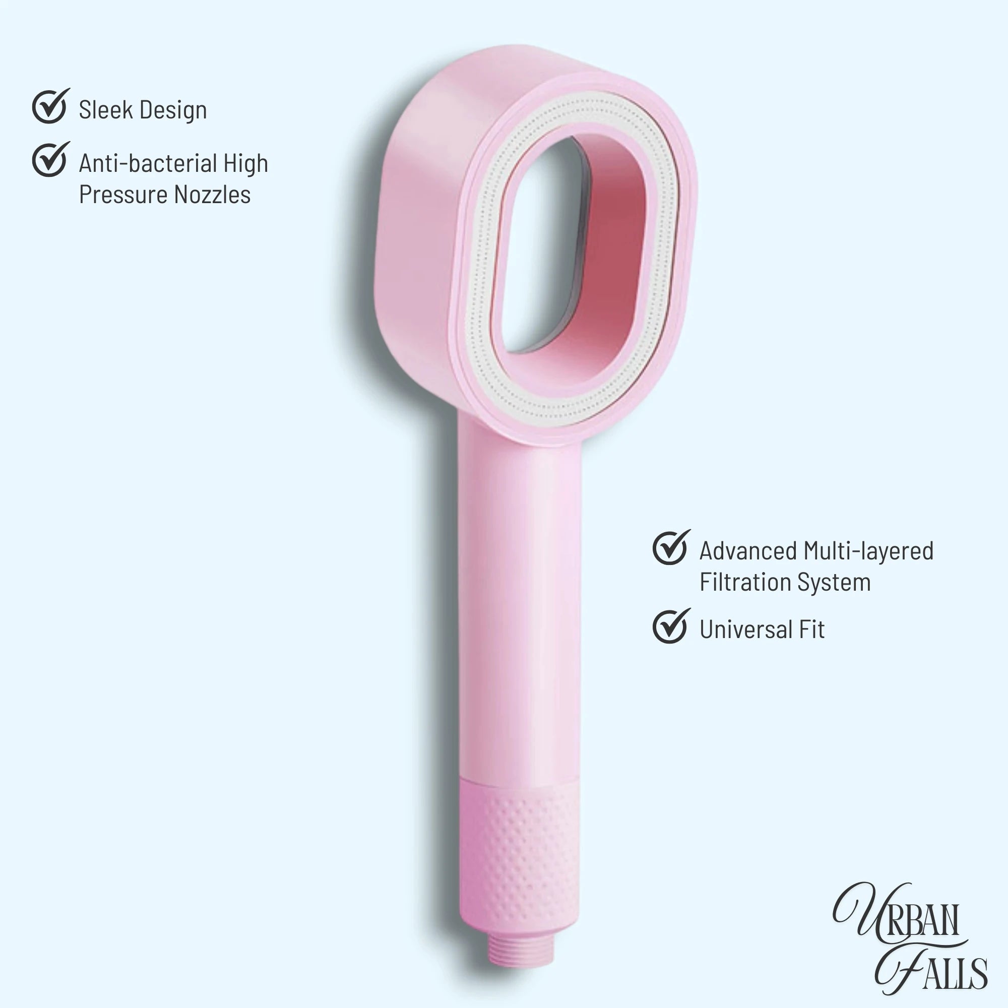 Pink URBAN FALLS Shower head with features listed on a light blue background
