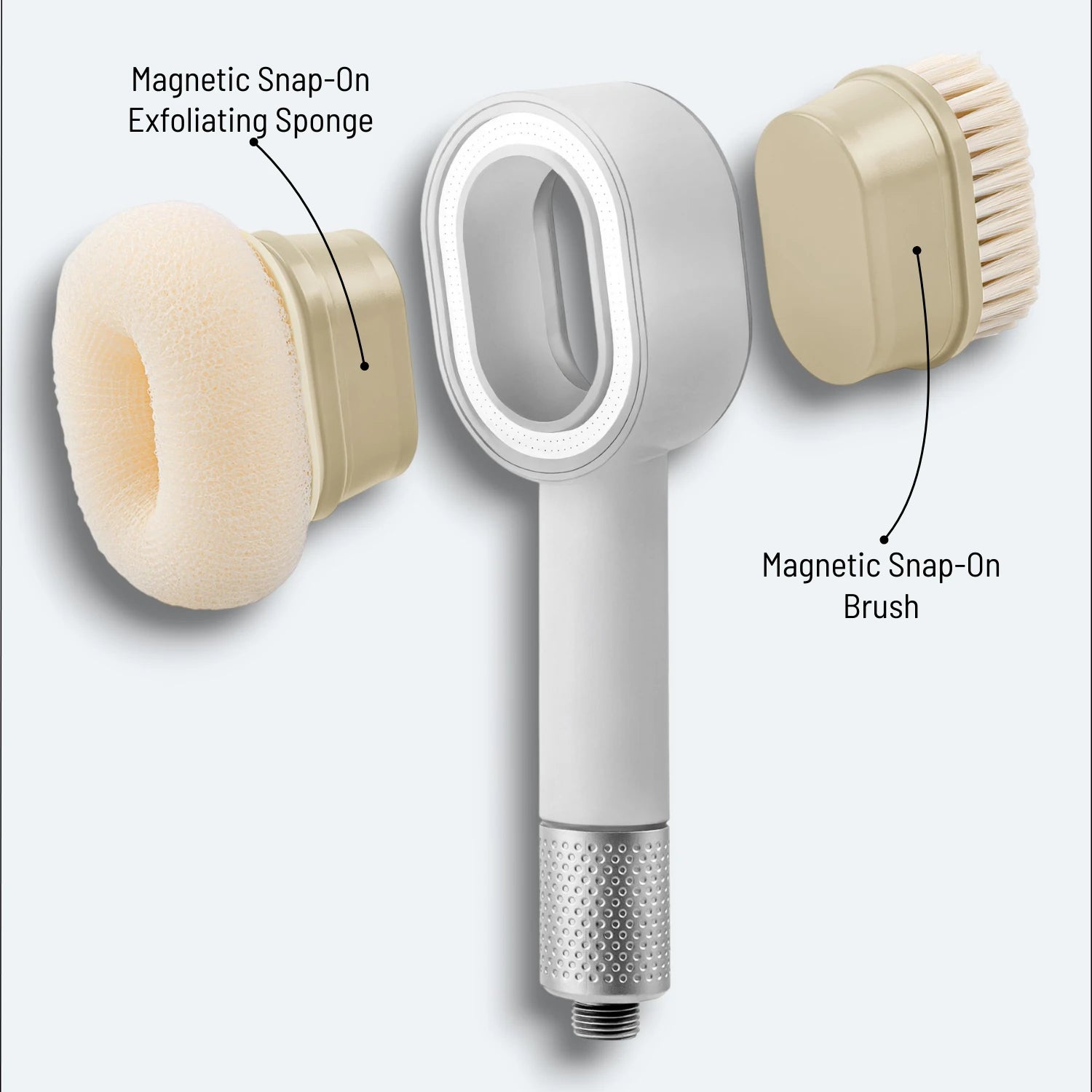 Handheld Shower head with floating attachments on a light gray background #Color=White