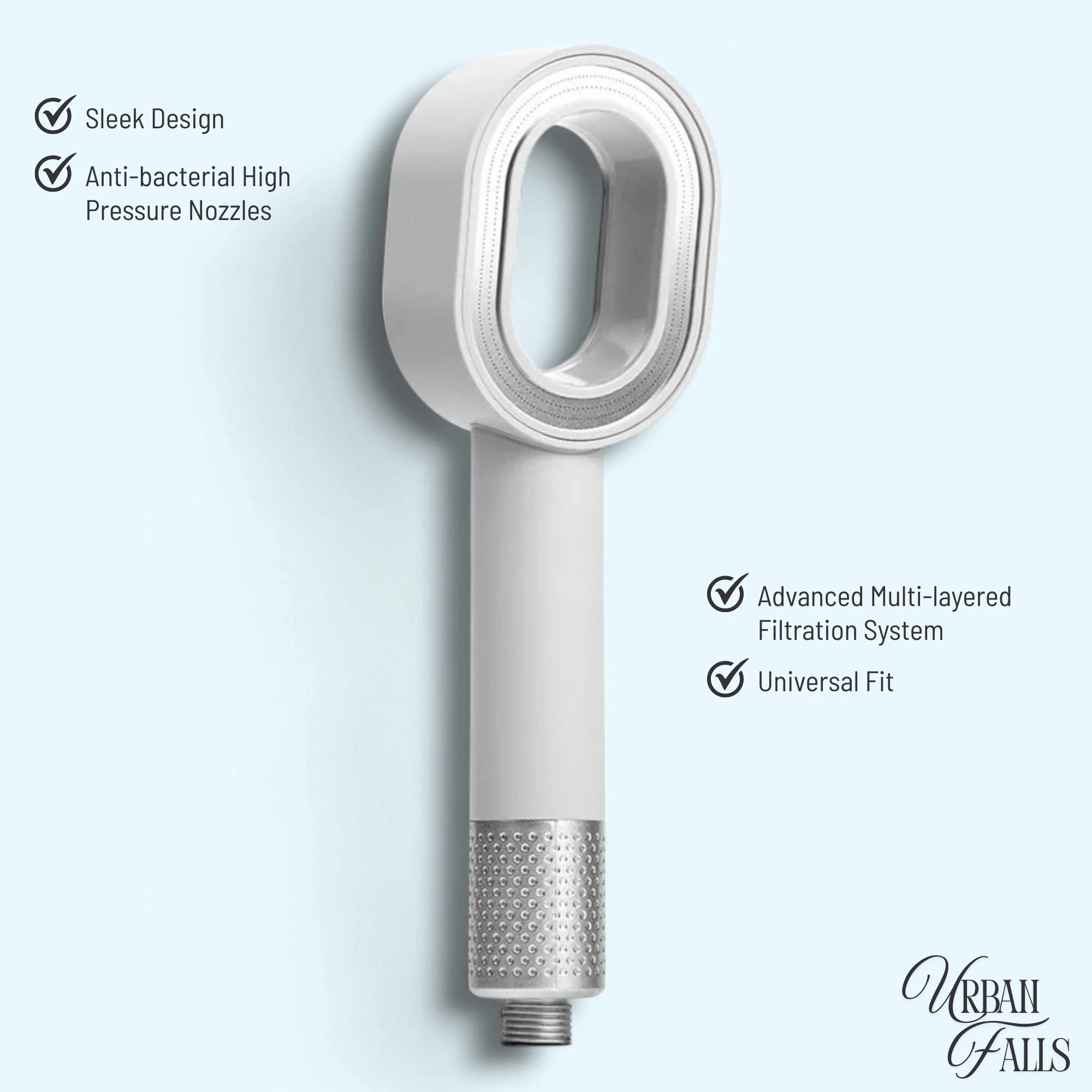 White URBAN FALLS Shower head with features listed on a light blue background