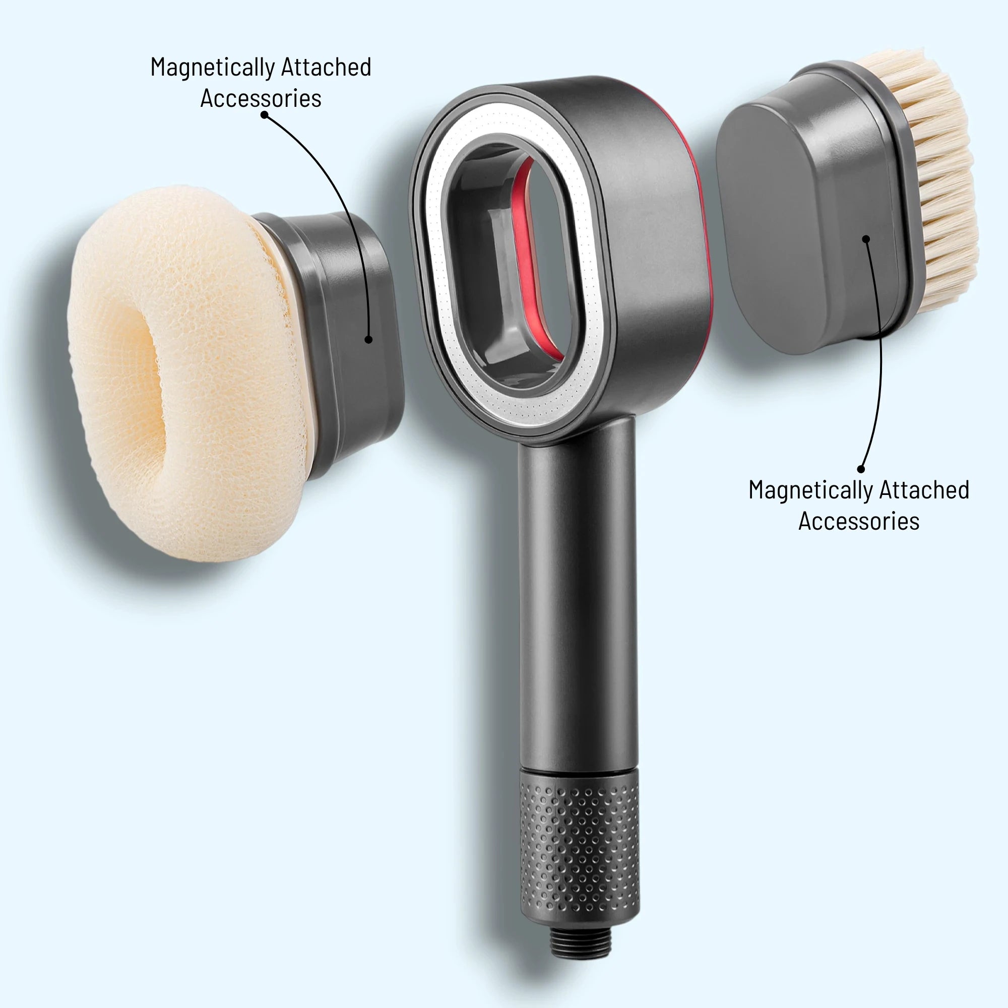 URBAN FALLS Shower Head with magnetic attachments on a white light blue background