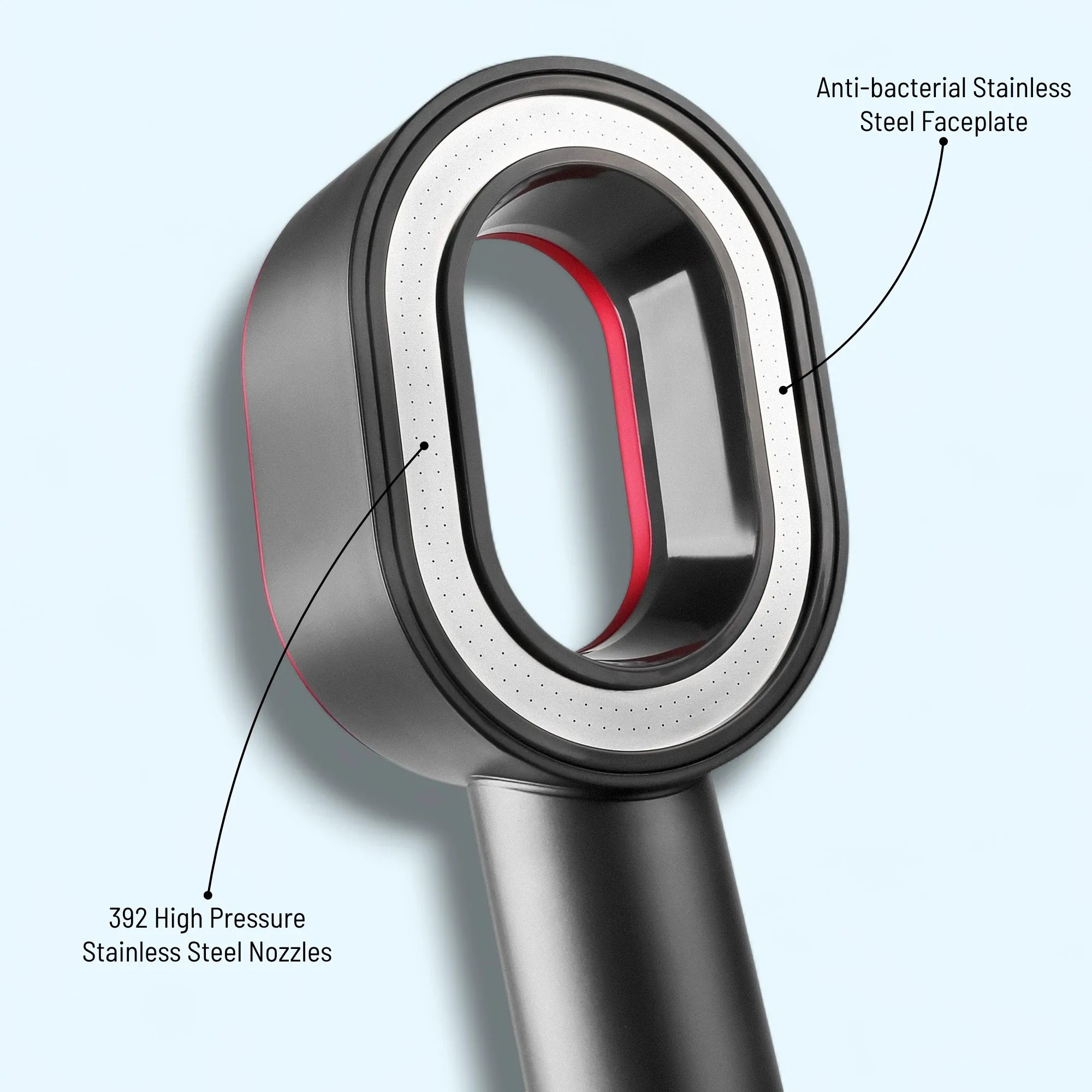 Close-up of URBAN FALLS Shower Head's high-pressure stainless steel nozzles with labeled features on a light blue background