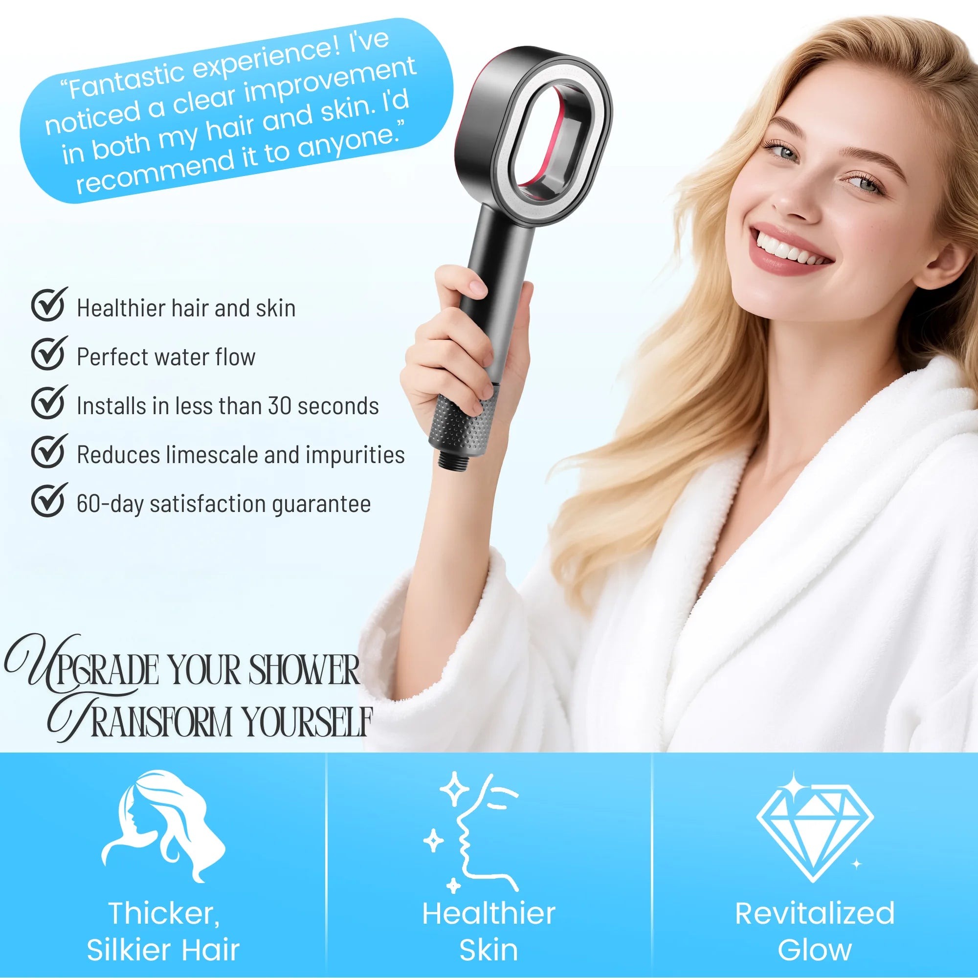 Woman holding the URBAN FALLS Shower Head with product features and benefits displayed.