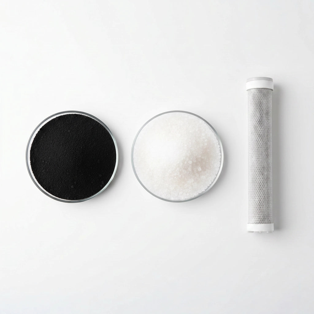 Two air filter components and a showerhead filter on a white background