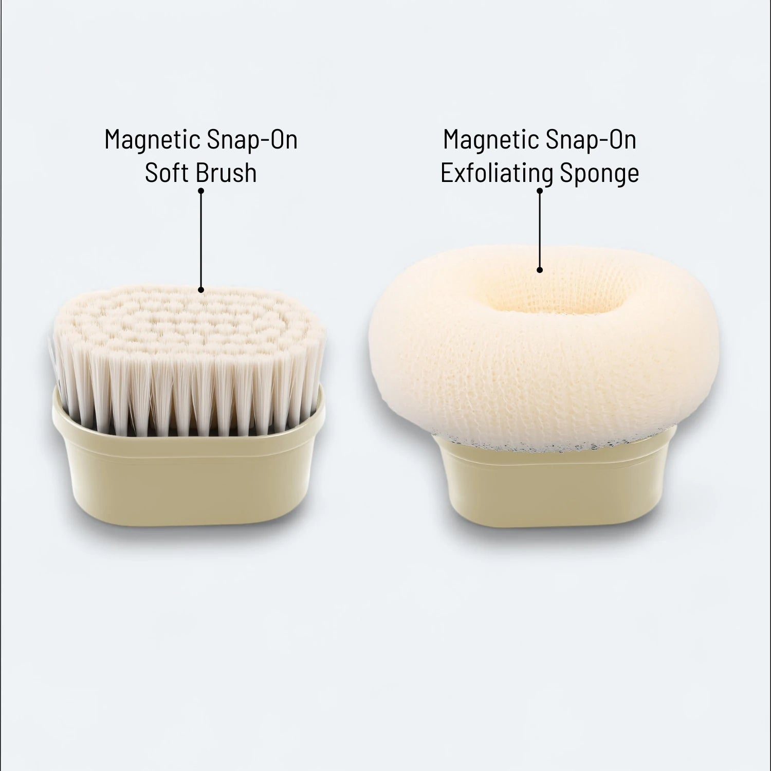 Magnetic snap-on exfoliating sponge and soft brush on a light gray background #Color=Light Bronze