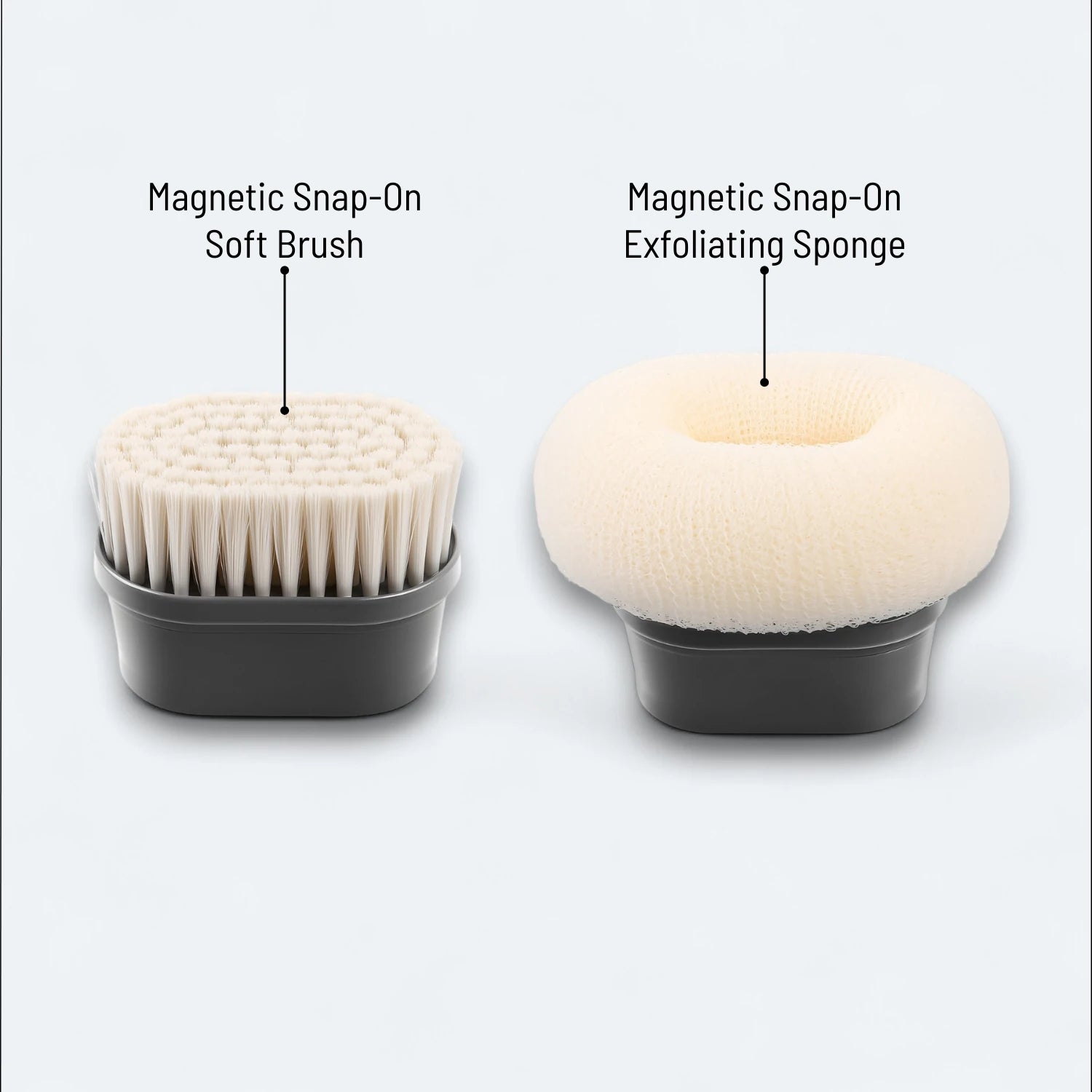 Magnetic snap-on exfoliating sponge and soft brush on a light gray background #Color=Gray