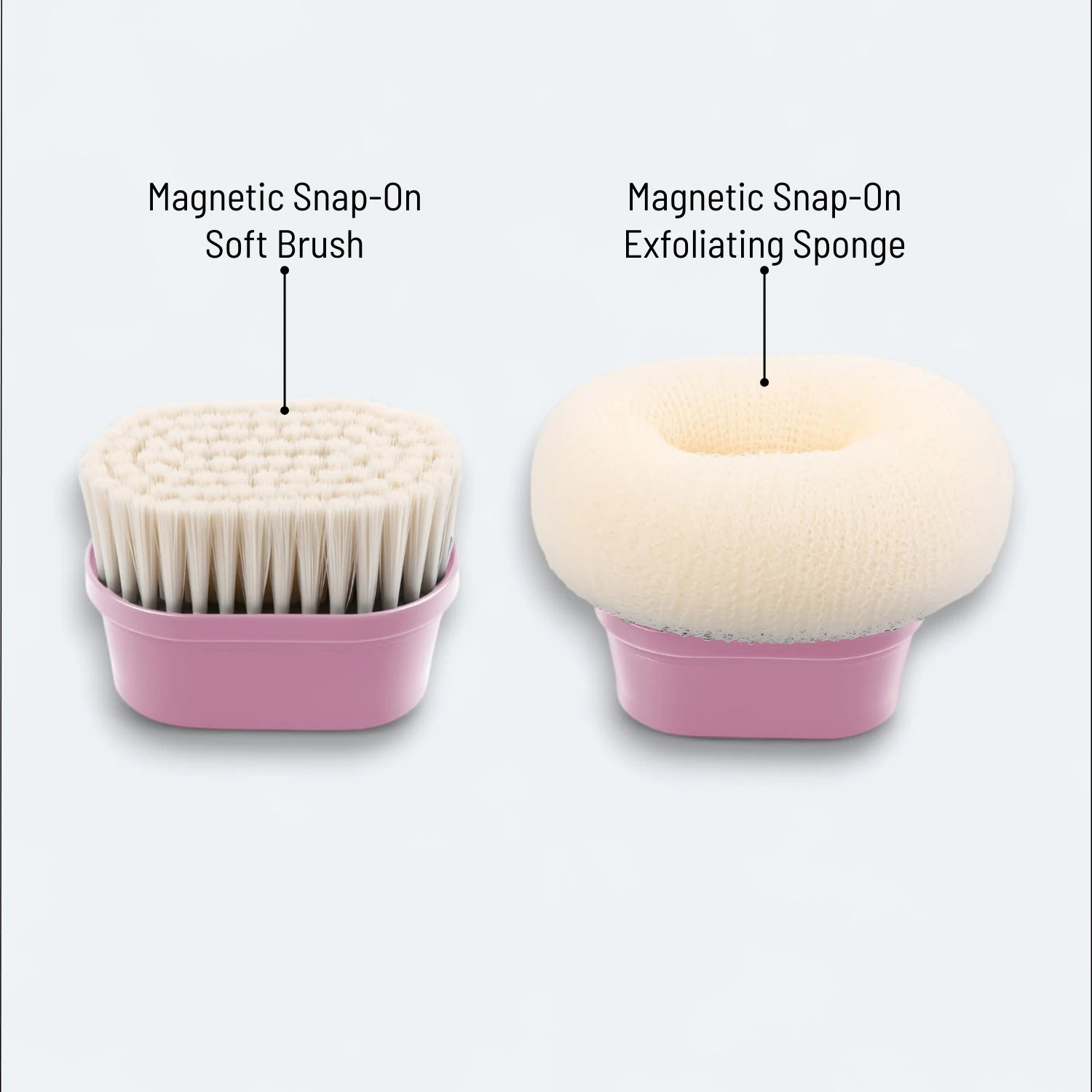 Magnetic snap-on exfoliating sponge and soft brush on a light gray background #Color=Pink
