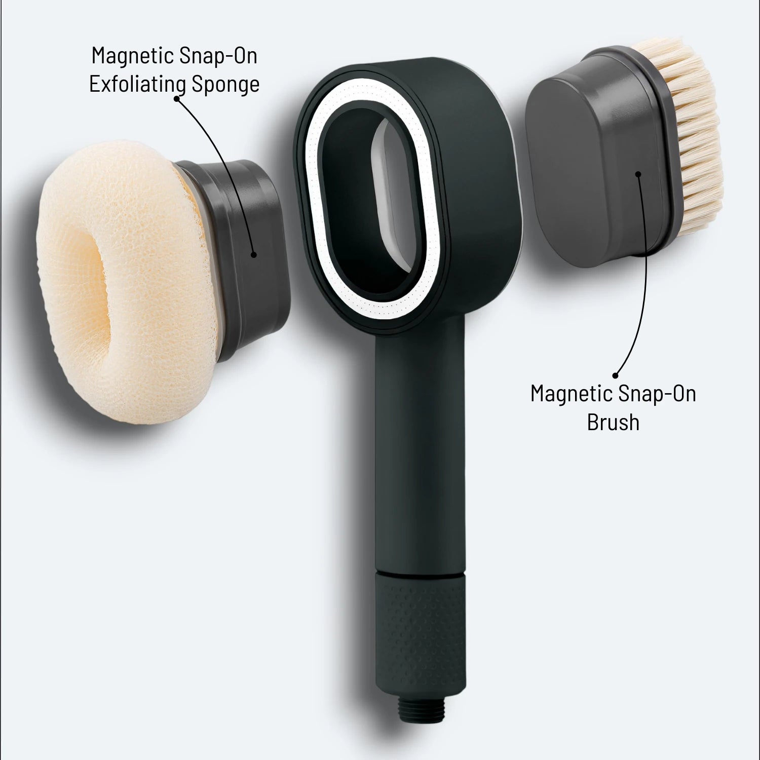 Handheld Shower head with floating attachments on a light gray background #Color=Black