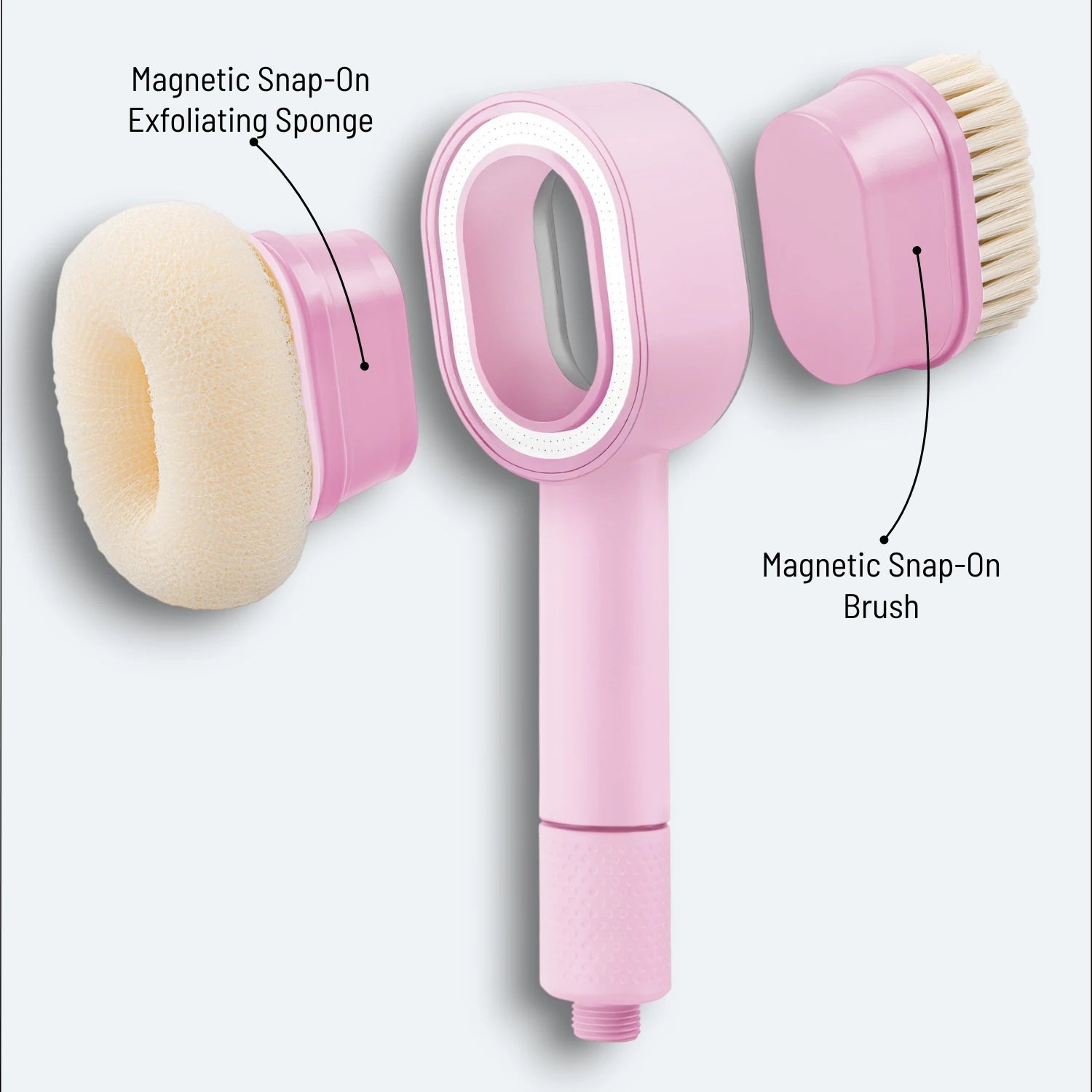 Handheld Shower head with floating attachments on a light gray background #Color=Pink