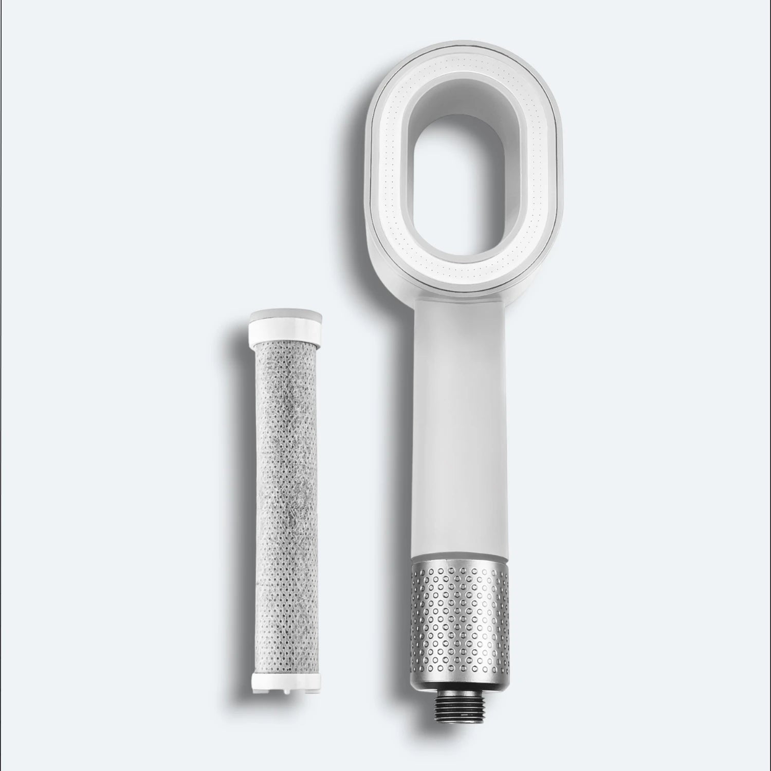 Handheld Shower head with filter on a light gray background #Color=White